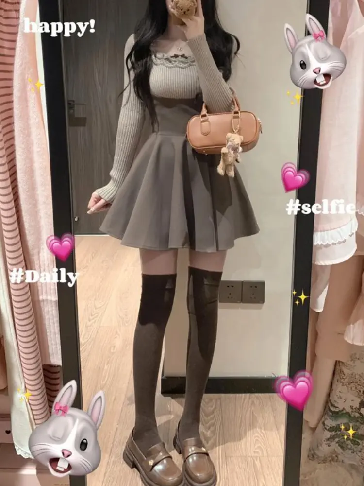 Women 2024 Fall/winter New Fur Collar Cloak Coat Lace Base Blouse Suspenders Dress Autumn Casual Three Pieces Set