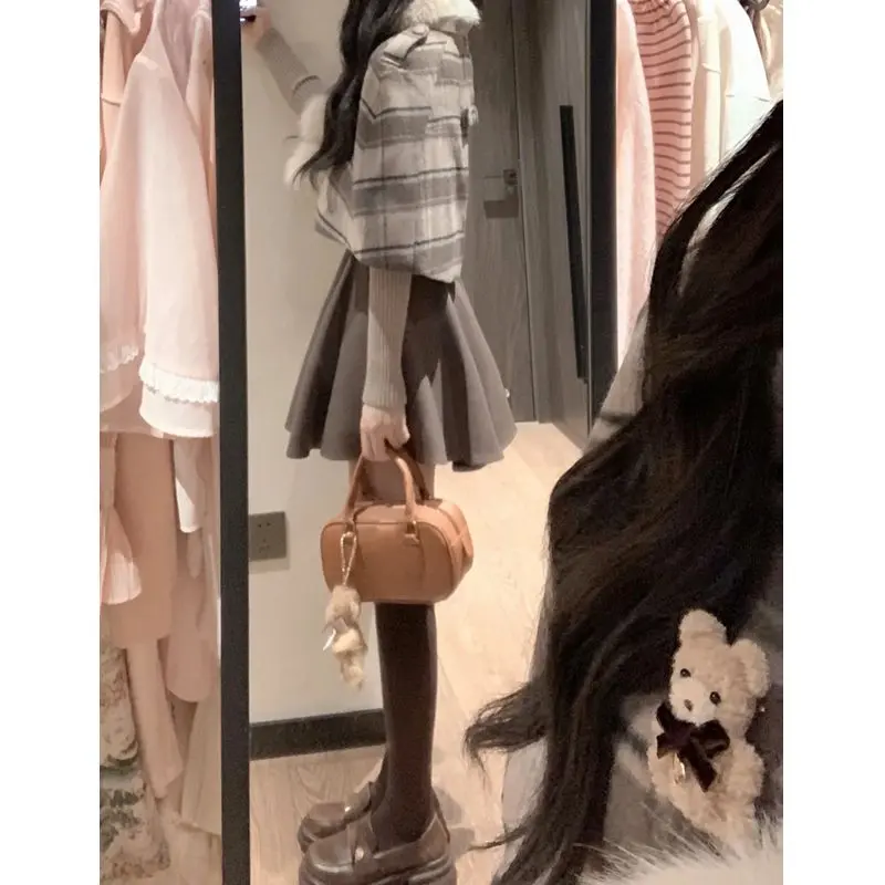 Women 2024 Fall/winter New Fur Collar Cloak Coat Lace Base Blouse Suspenders Dress Autumn Casual Three Pieces Set