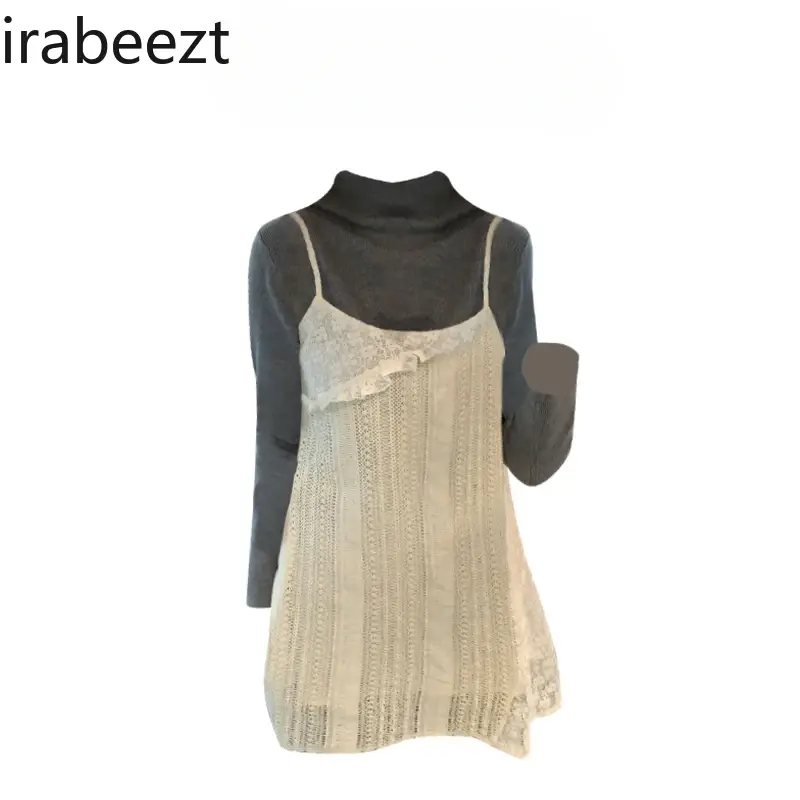 Super Fairy Lace Hollow-out Halter Dress Female Spring and Autumn 2024 New Loose Thin Layer Wear Lace-up Temperament Dress
