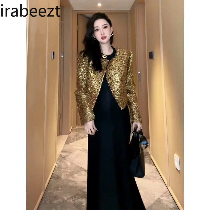 2024 Autumn and Winter New Fashion Beautiful High-grade Sense Super Good-looking Tops Elegant Fashion Gold Coat Woman