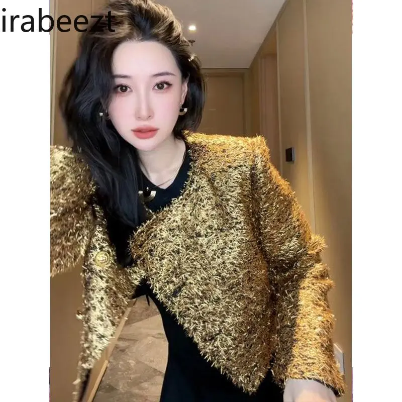 2024 Autumn and Winter New Fashion Beautiful High-grade Sense Super Good-looking Tops Elegant Fashion Gold Coat Woman