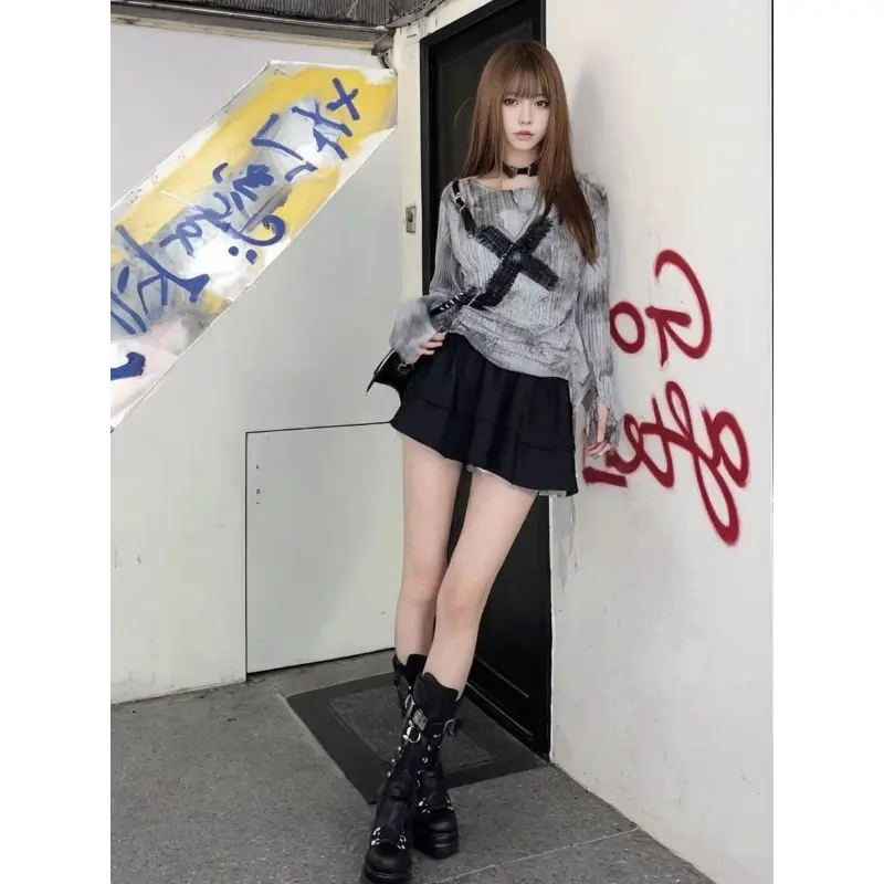 Irabeezt Knitted T-shirt O-neck Printed Long Sleeve Casual Drawstring T Shirts Vintage Hollow Out High Street Tshirt Bottom Tops