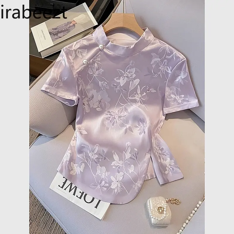 New Chinese Style High-end Purple Jacquard Short-sleeved Blouse Female 2025 Summer Niche Unique Straight Shoulder T-shirt Top