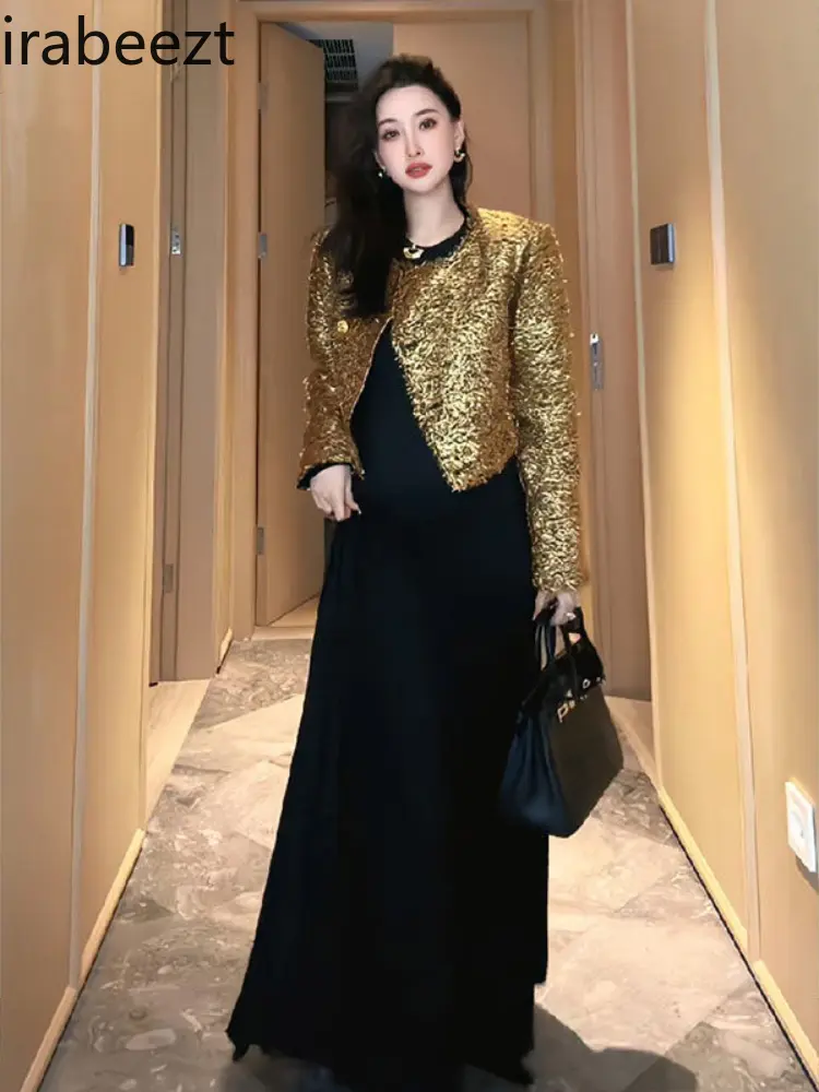 2024 Autumn and Winter New Fashion Beautiful High-grade Sense Super Good-looking Tops Elegant Fashion Gold Coat Woman