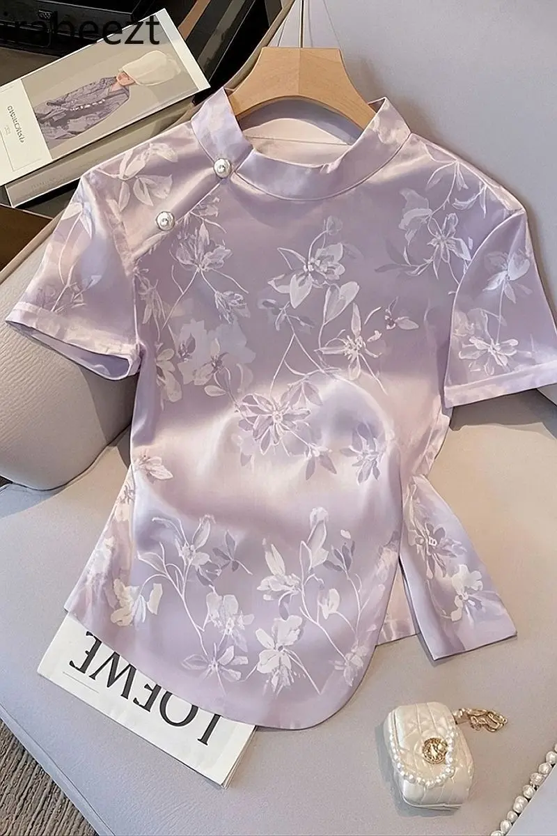 New Chinese Style High-end Purple Jacquard Short-sleeved Blouse Female 2025 Summer Niche Unique Straight Shoulder T-shirt Top