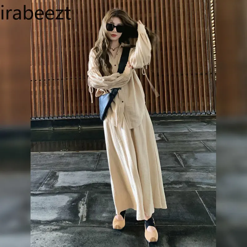 Woman's Retro Casual Lounge Set - Boho Tea-Time Shirt & Cropped Long Skirt | Oversize Flowy Vintage Style | Unisex Fashion