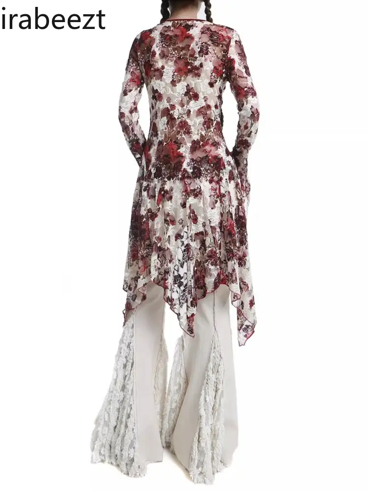 Roupas Femininas Blouses Retro Gothic Flower Split Swallowtail Mid-Length Tie-Strap Cardigan Sunscreen Lace Shirt Women