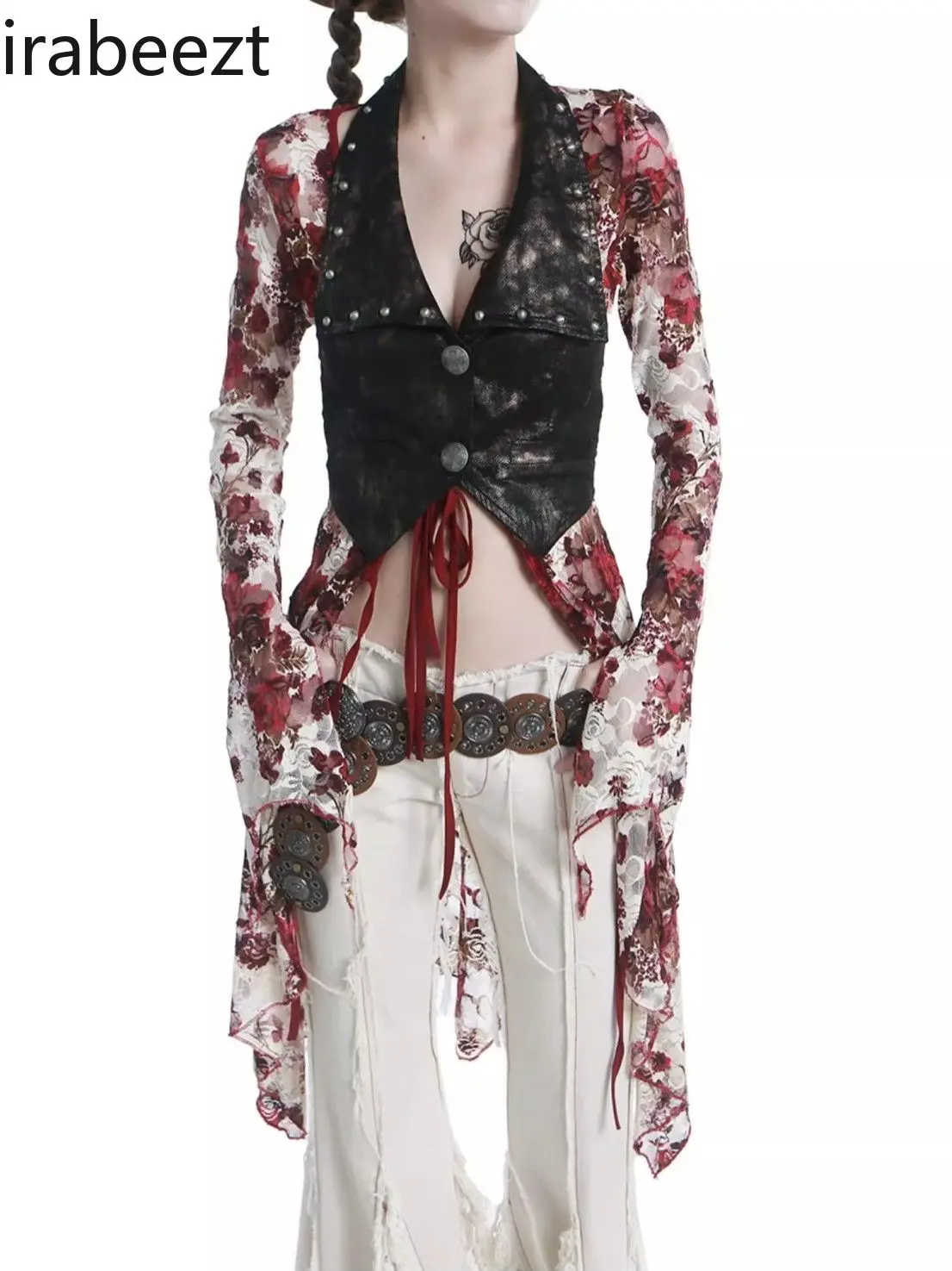 Roupas Femininas Blouses Retro Gothic Flower Split Swallowtail Mid-Length Tie-Strap Cardigan Sunscreen Lace Shirt Women