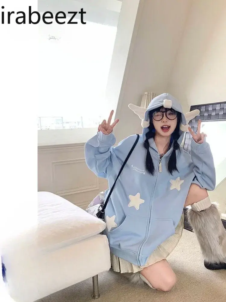 Star Hoodies Women Tops With Angel Wings Girls Streetwear New Autumn Y2K Outwears Anti-puck Hooded Female Clothing