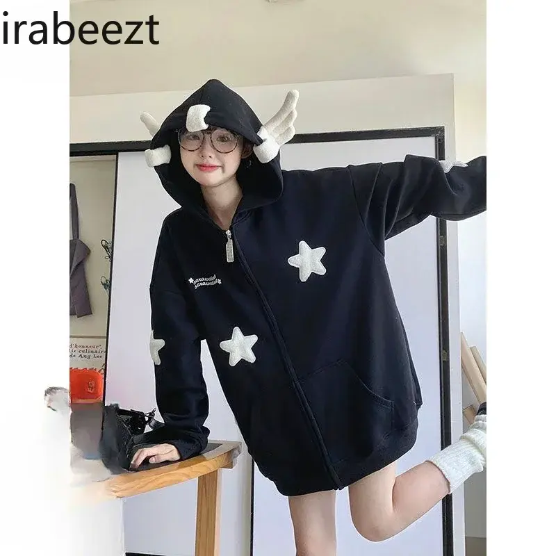 Star Hoodies Women Tops With Angel Wings Girls Streetwear New Autumn Y2K Outwears Anti-puck Hooded Female Clothing