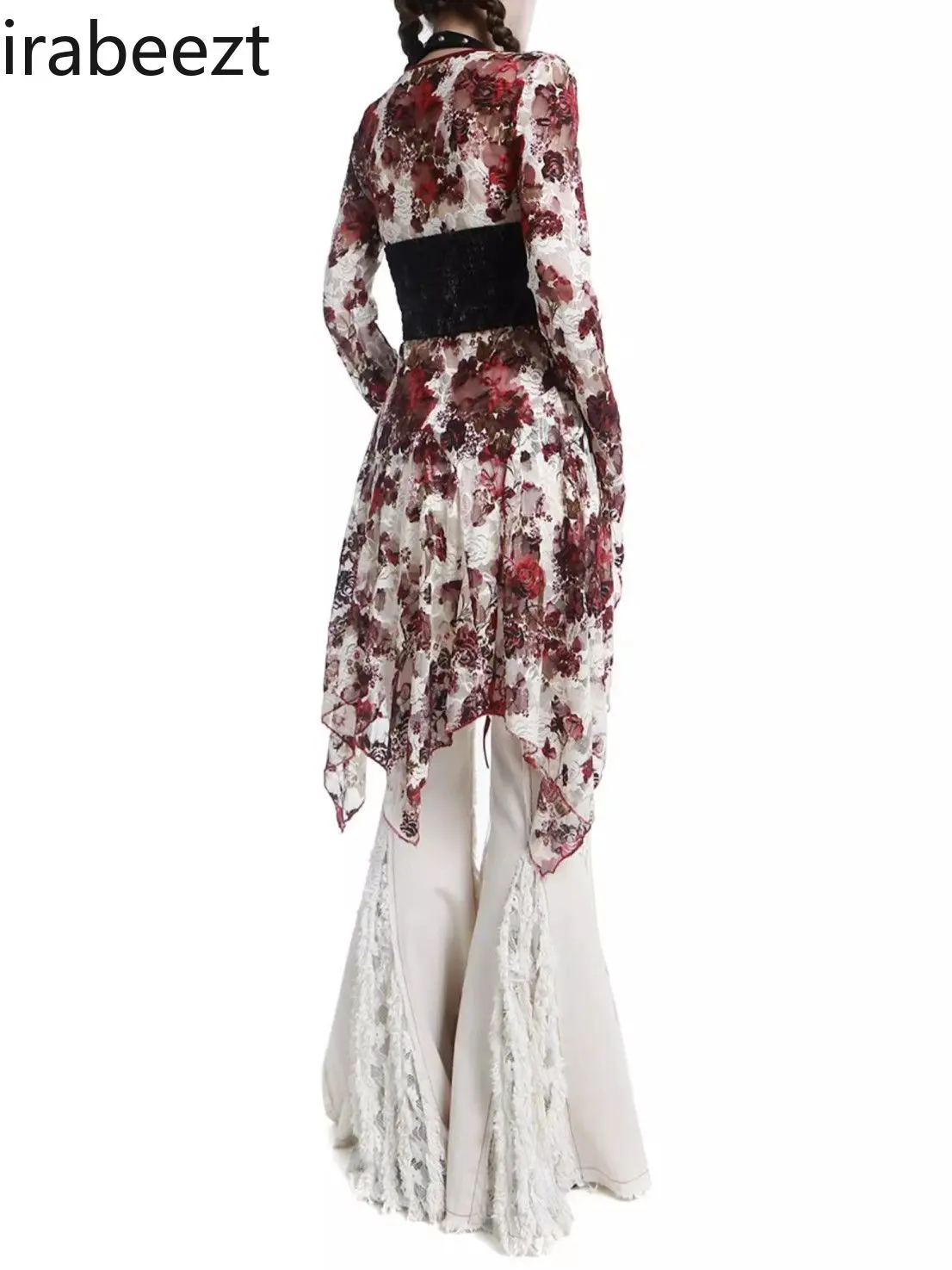 Roupas Femininas Blouses Retro Gothic Flower Split Swallowtail Mid-Length Tie-Strap Cardigan Sunscreen Lace Shirt Women