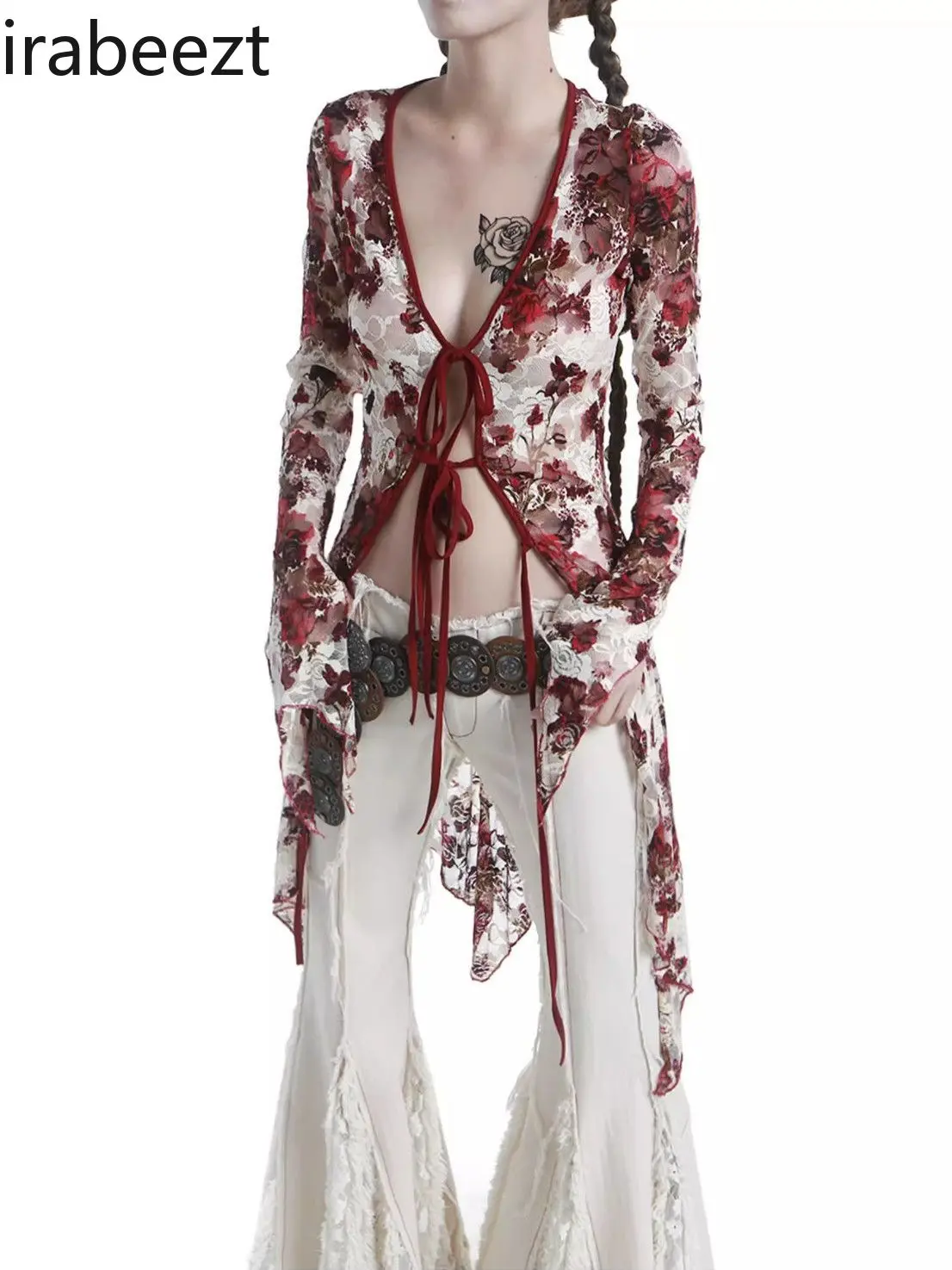 Roupas Femininas Blouses Retro Gothic Flower Split Swallowtail Mid-Length Tie-Strap Cardigan Sunscreen Lace Shirt Women