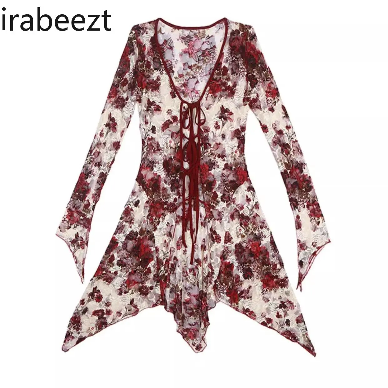 Roupas Femininas Blouses Retro Gothic Flower Split Swallowtail Mid-Length Tie-Strap Cardigan Sunscreen Lace Shirt Women