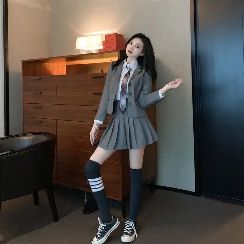Preppy Style JK Uniform Suit Women Suit Jacket Pleated Mini Skirt White Blouse Three Piece Sets 2025 Autumn Spring Clothes