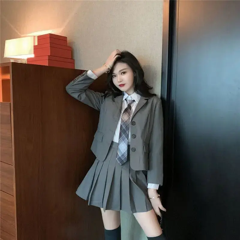 Preppy Style JK Uniform Suit Women Suit Jacket Pleated Mini Skirt White Blouse Three Piece Sets 2025 Autumn Spring Clothes