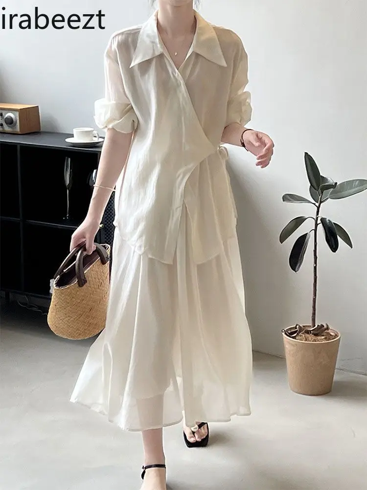 Women’s Loose Silk Blouse & High-Waist Pleated Skirt Set Lightweight Summer Ensemble Fashionable Ethnic Loose Two-Piece Outfit