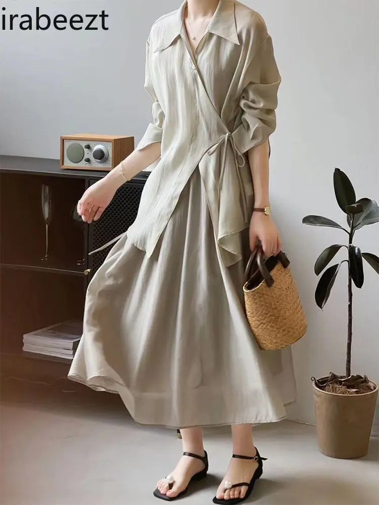 Women’s Loose Silk Blouse & High-Waist Pleated Skirt Set Lightweight Summer Ensemble Fashionable Ethnic Loose Two-Piece Outfit
