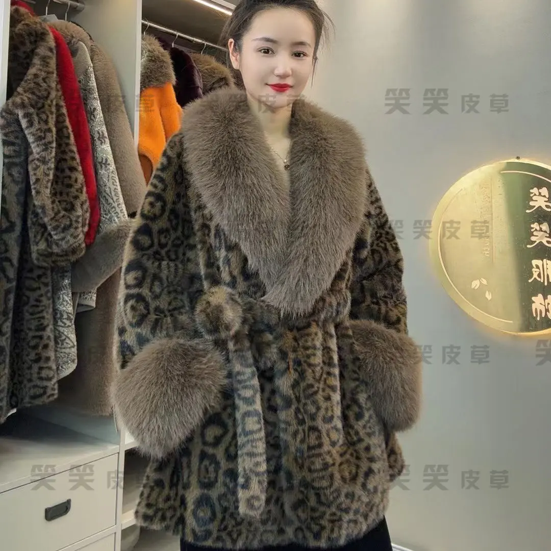 2025 Faux Fur Leopard Coat Women Jacket V-Neck Long Sleeves Outwear Female Fashion Clothes Jaqueta Feminina Inverno Шуба Женская