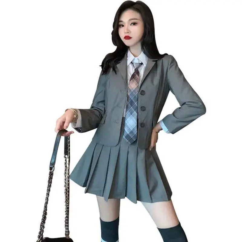 Preppy Style JK Uniform Suit Women Suit Jacket Pleated Mini Skirt White Blouse Three Piece Sets 2025 Autumn Spring Clothes