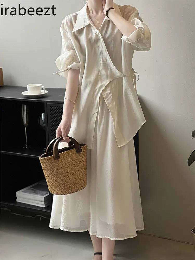 Women’s Loose Silk Blouse & High-Waist Pleated Skirt Set Lightweight Summer Ensemble Fashionable Ethnic Loose Two-Piece Outfit