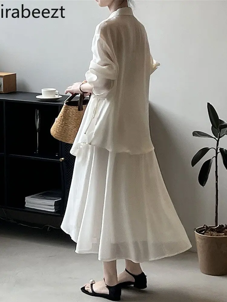 Women’s Loose Silk Blouse & High-Waist Pleated Skirt Set Lightweight Summer Ensemble Fashionable Ethnic Loose Two-Piece Outfit