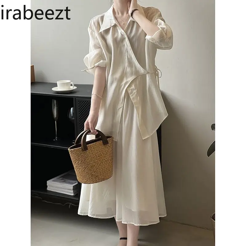 Women’s Loose Silk Blouse & High-Waist Pleated Skirt Set Lightweight Summer Ensemble Fashionable Ethnic Loose Two-Piece Outfit