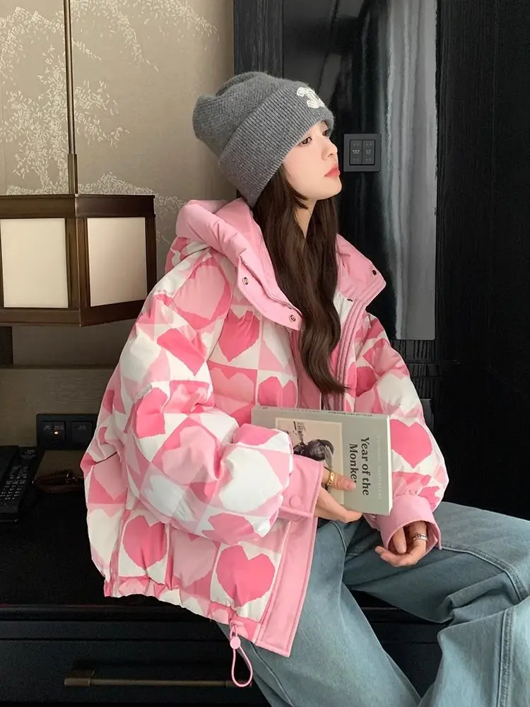 Winter New Korean Style Cute Flower Ribbon Cotton Clothes for Women 2025 Loose Hooded Thickened Velvet Short Puffer Coat
