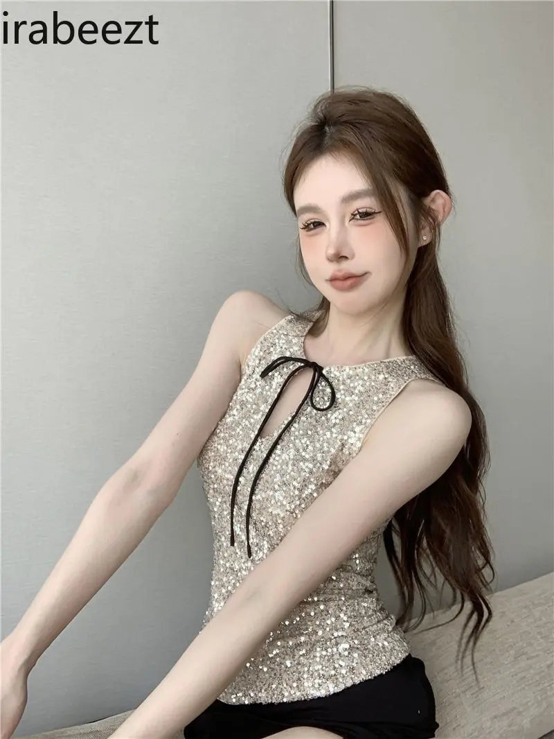 Custom Sequin Design Lace-up V-neck Casual All-match Vest Fashionable Tight Waist Ropa De Mujer Slim Fit Tank Top Women
