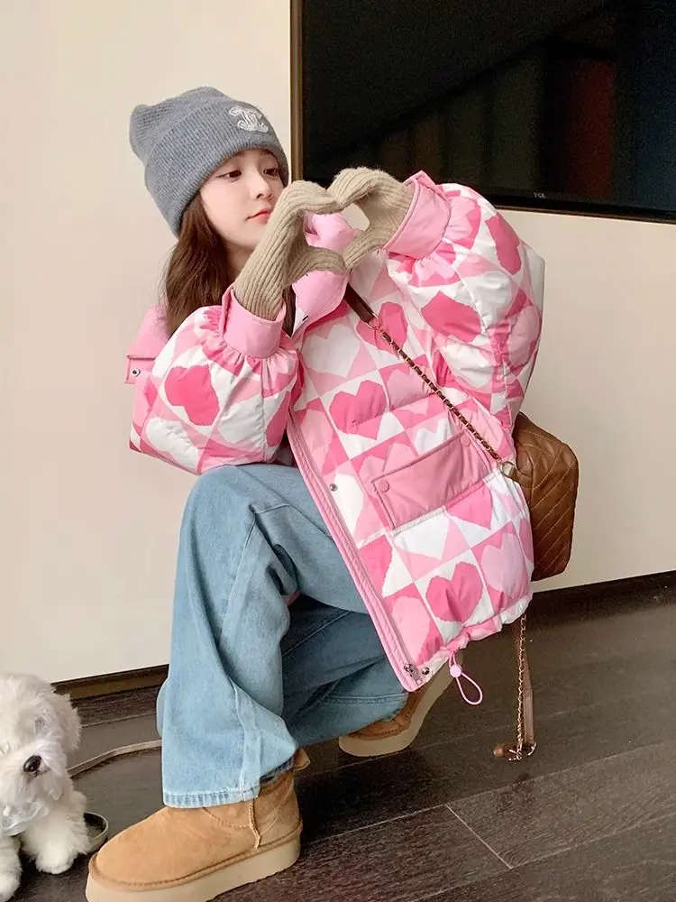 Winter New Korean Style Cute Flower Ribbon Cotton Clothes for Women 2025 Loose Hooded Thickened Velvet Short Puffer Coat