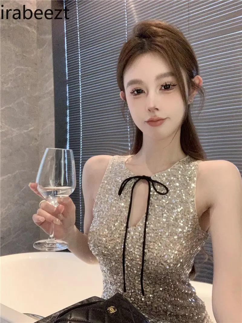 Custom Sequin Design Lace-up V-neck Casual All-match Vest Fashionable Tight Waist Ropa De Mujer Slim Fit Tank Top Women