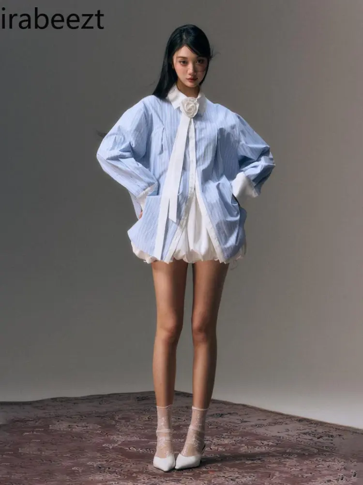 Korean Version of The Design Sense of Fashion Simple Commuter Blouse for Women Striped Splicing Long-sleeved Shirt