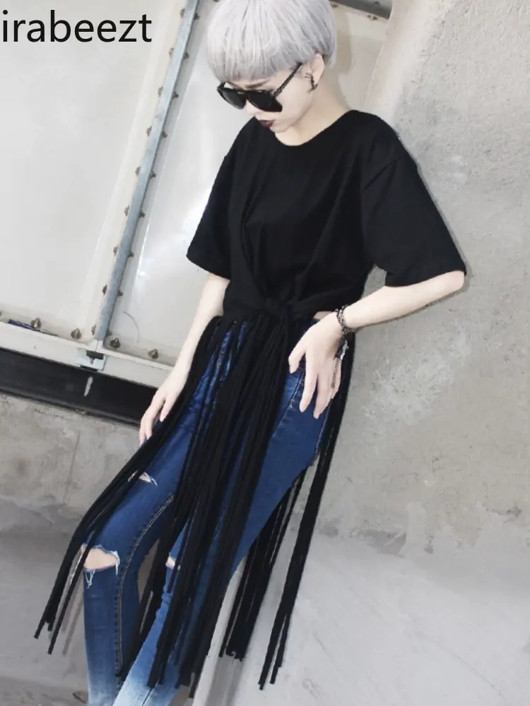 2024 Summer Personality Crew Neck Simple Short Sleeve T-shirt Long Bottom Fringe Flowing Women's Trend All Match Tops