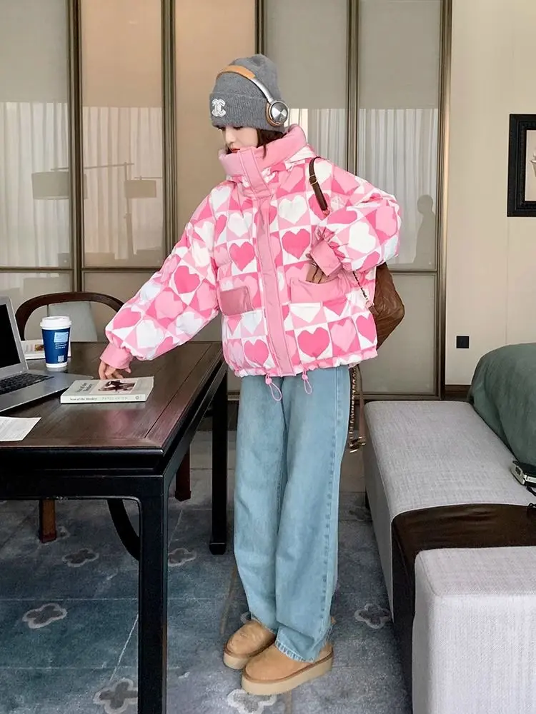 Winter New Korean Style Cute Flower Ribbon Cotton Clothes for Women 2025 Loose Hooded Thickened Velvet Short Puffer Coat