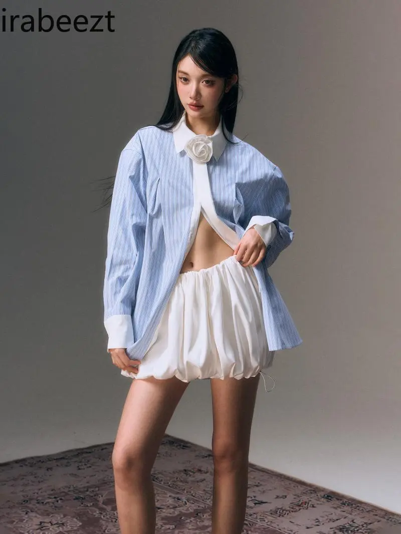 Korean Version of The Design Sense of Fashion Simple Commuter Blouse for Women Striped Splicing Long-sleeved Shirt
