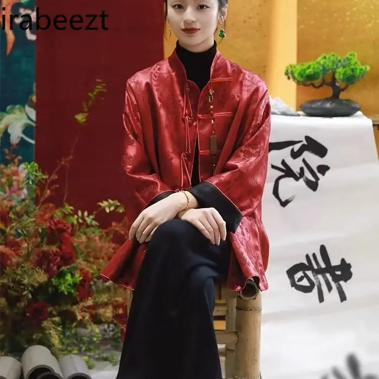 High-end and Super Good-looking New Chinese Style Stand Collar Red Top Jacket for Women 2025 Early Spring Chinese Top