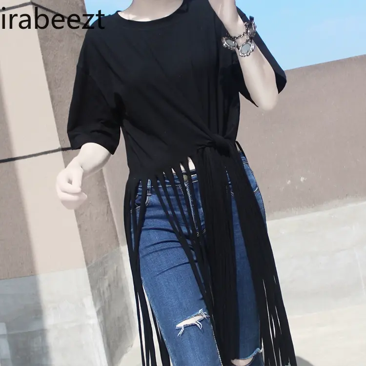 2024 Summer Personality Crew Neck Simple Short Sleeve T-shirt Long Bottom Fringe Flowing Women's Trend All Match Tops