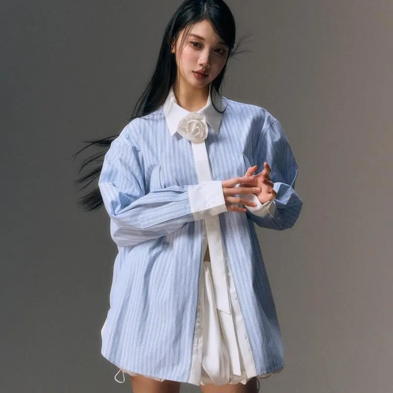 Korean Version of The Design Sense of Fashion Simple Commuter Blouse for Women Striped Splicing Long-sleeved Shirt