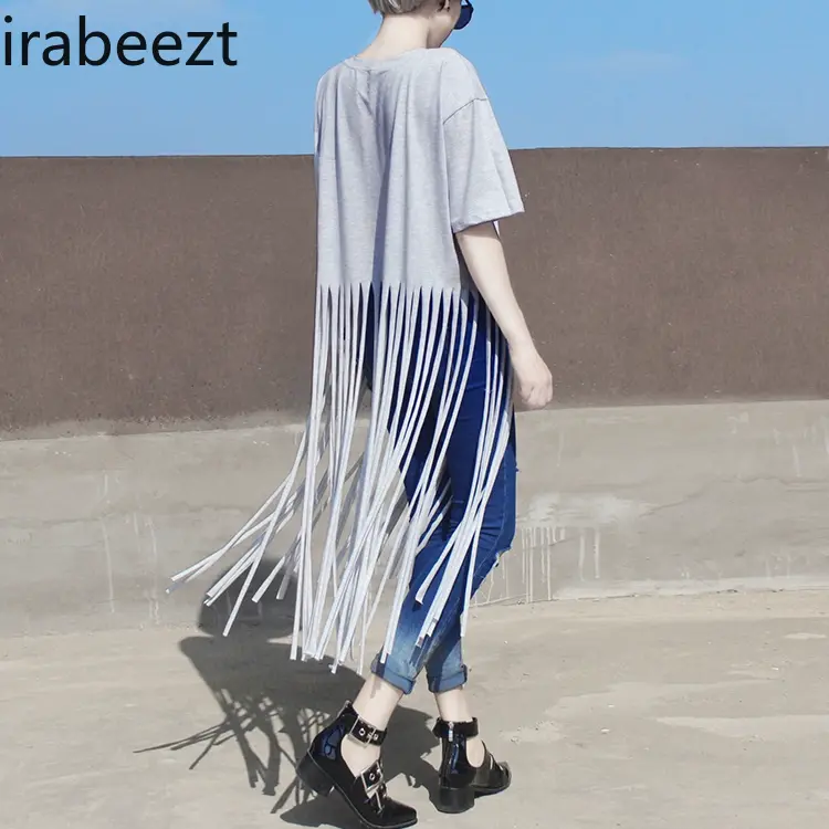 2024 Summer Personality Crew Neck Simple Short Sleeve T-shirt Long Bottom Fringe Flowing Women's Trend All Match Tops