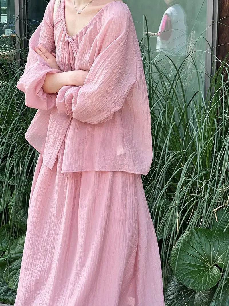 Summer Vacation Outfit Adjustable Drawstring Waist Lightweight Breathable Fabrics Women’s Chinese Ethnic Pink Shirt & Skirt Set