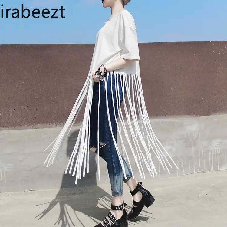 2024 Summer Personality Crew Neck Simple Short Sleeve T-shirt Long Bottom Fringe Flowing Women's Trend All Match Tops