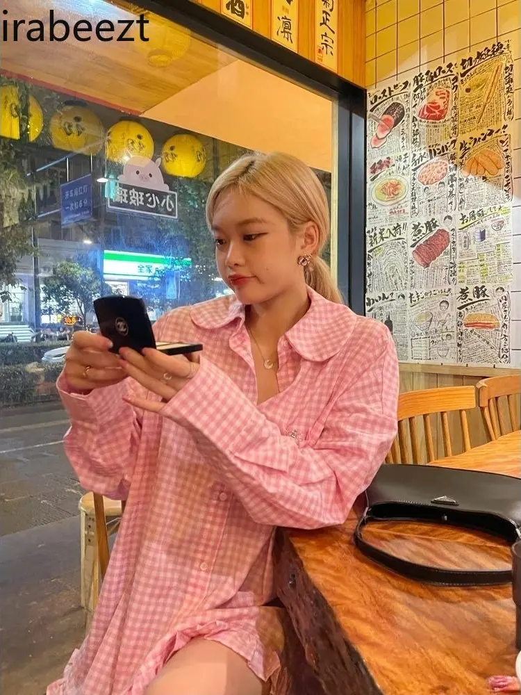 New Pink Checkered Shirt Dress Women Turn Down Collar Lace Trim Blouse Long Sleeve Oversized Top Spring Autumn Casual