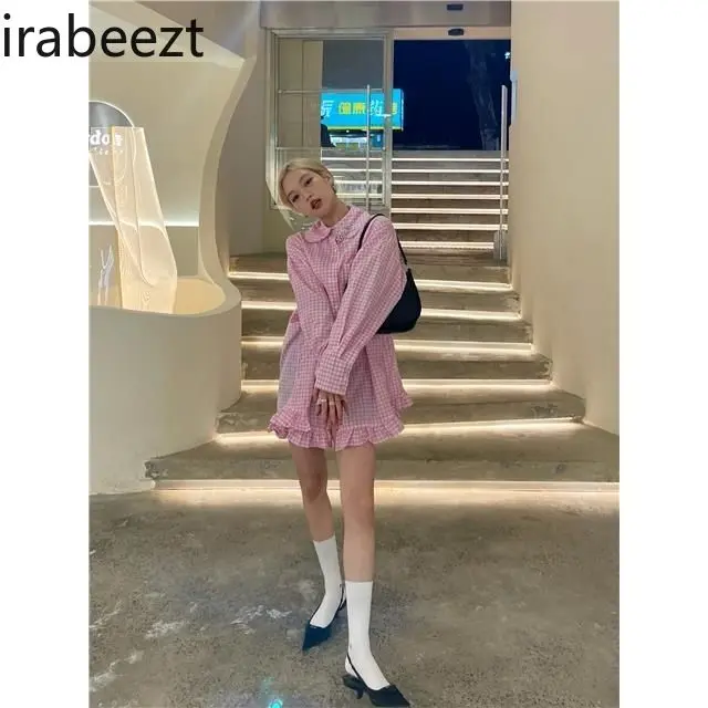 New Pink Checkered Shirt Dress Women Turn Down Collar Lace Trim Blouse Long Sleeve Oversized Top Spring Autumn Casual