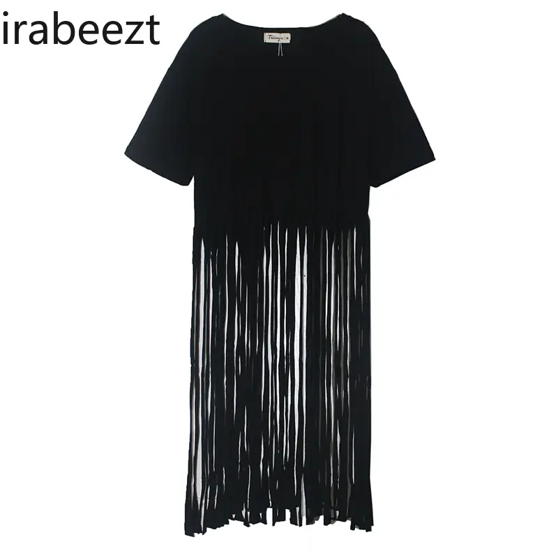2024 Summer Personality Crew Neck Simple Short Sleeve T-shirt Long Bottom Fringe Flowing Women's Trend All Match Tops