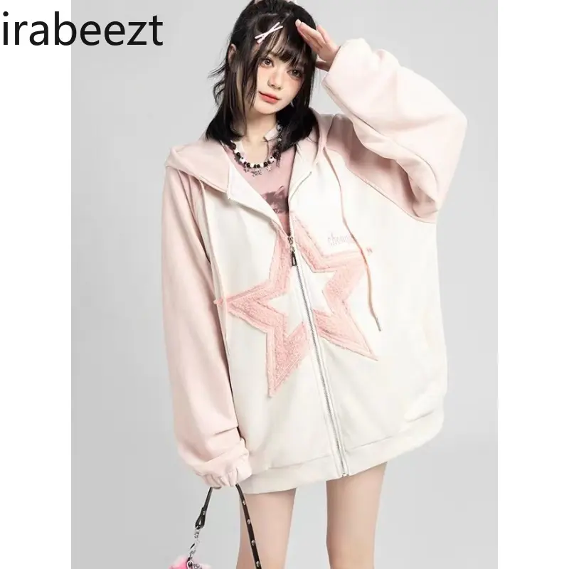 Women's Coats Heavyweight Cotton Flocking Autumn/Winter Loose Contrast Embroideried Spliced Hooded Zipper Jacket Ladies Clothing