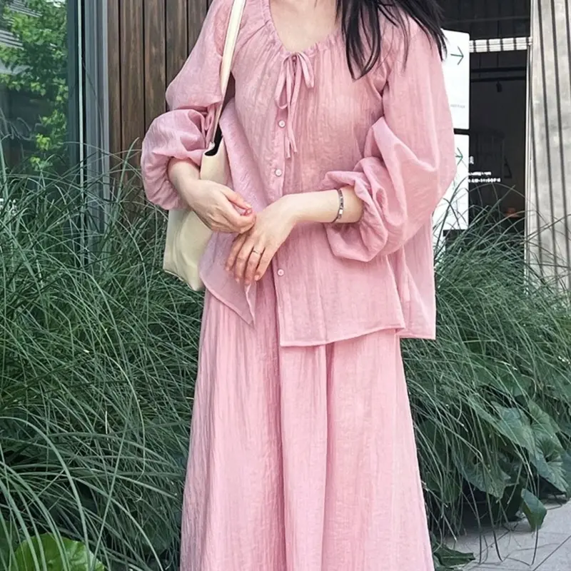 Summer Vacation Outfit Adjustable Drawstring Waist Lightweight Breathable Fabrics Women’s Chinese Ethnic Pink Shirt & Skirt Set