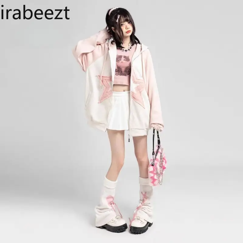 Women's Coats Heavyweight Cotton Flocking Autumn/Winter Loose Contrast Embroideried Spliced Hooded Zipper Jacket Ladies Clothing