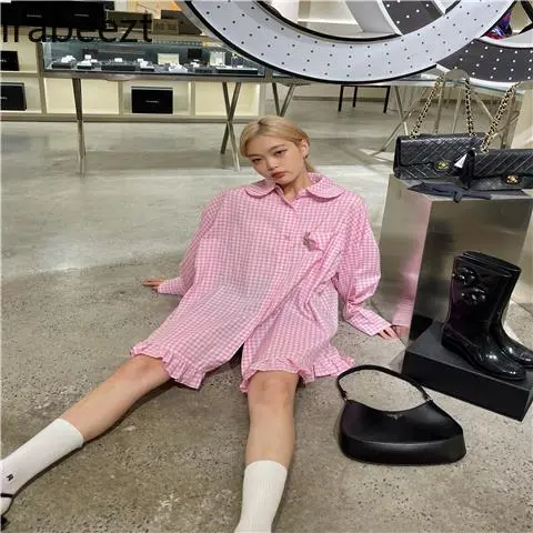 New Pink Checkered Shirt Dress Women Turn Down Collar Lace Trim Blouse Long Sleeve Oversized Top Spring Autumn Casual
