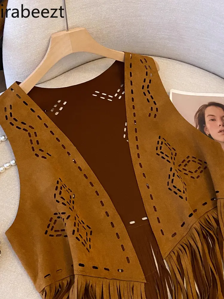 Bohemian Fringe Suede Vest Women's Western Denim Openwork Jacket Casual Crochet Lace-Up Cardigan Casacas Para Mujer