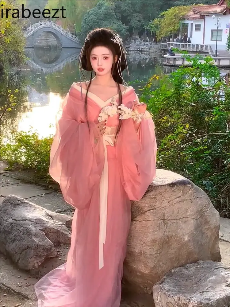 Pink Cross Collar Costume Wei Jin Dynasty Straight Hem Warring States Robe Chinese Traditional Dress for Women