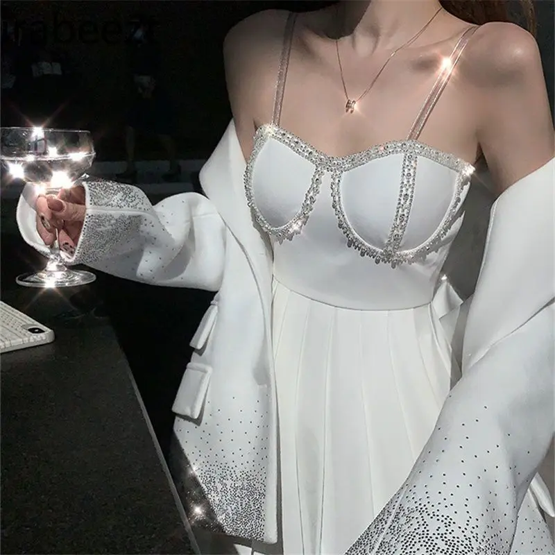 Spring Niche Design High-end Diamond Suit Jacket + Pleated Suspender Skirt Suit for Women Conjuntos Feminino Elegante